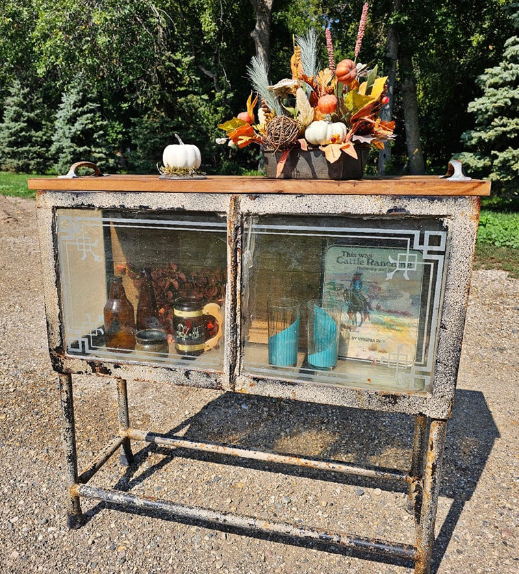 Vintage-style cabinet with reflective glass doors and decorative items outdoors