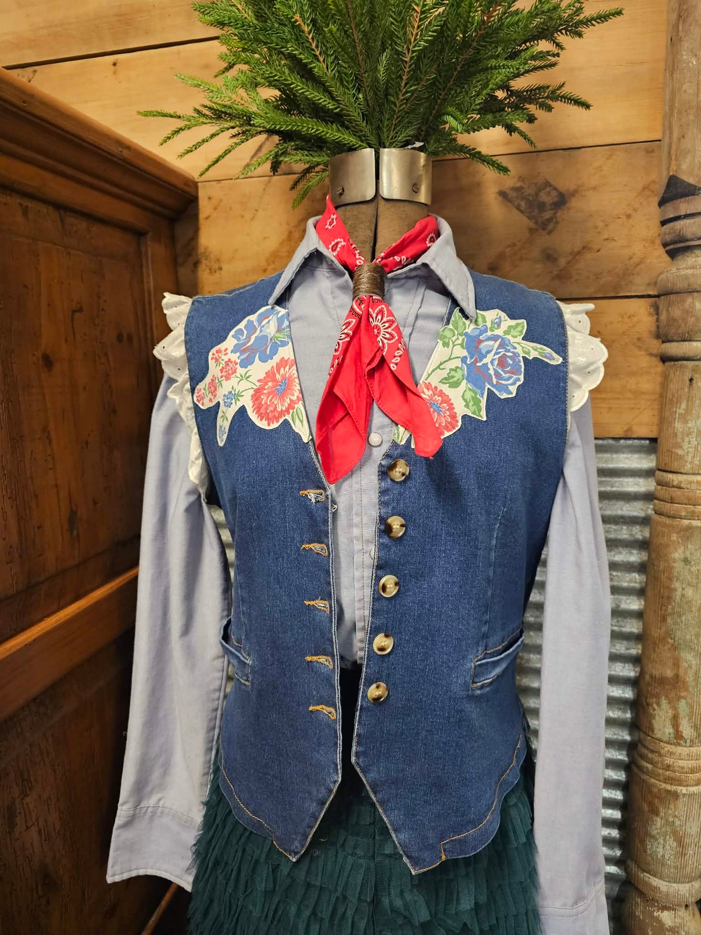 Denim Vest with Vintage Applique