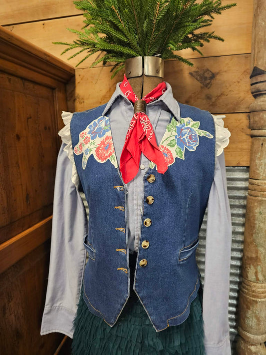Denim Vest with Vintage Applique