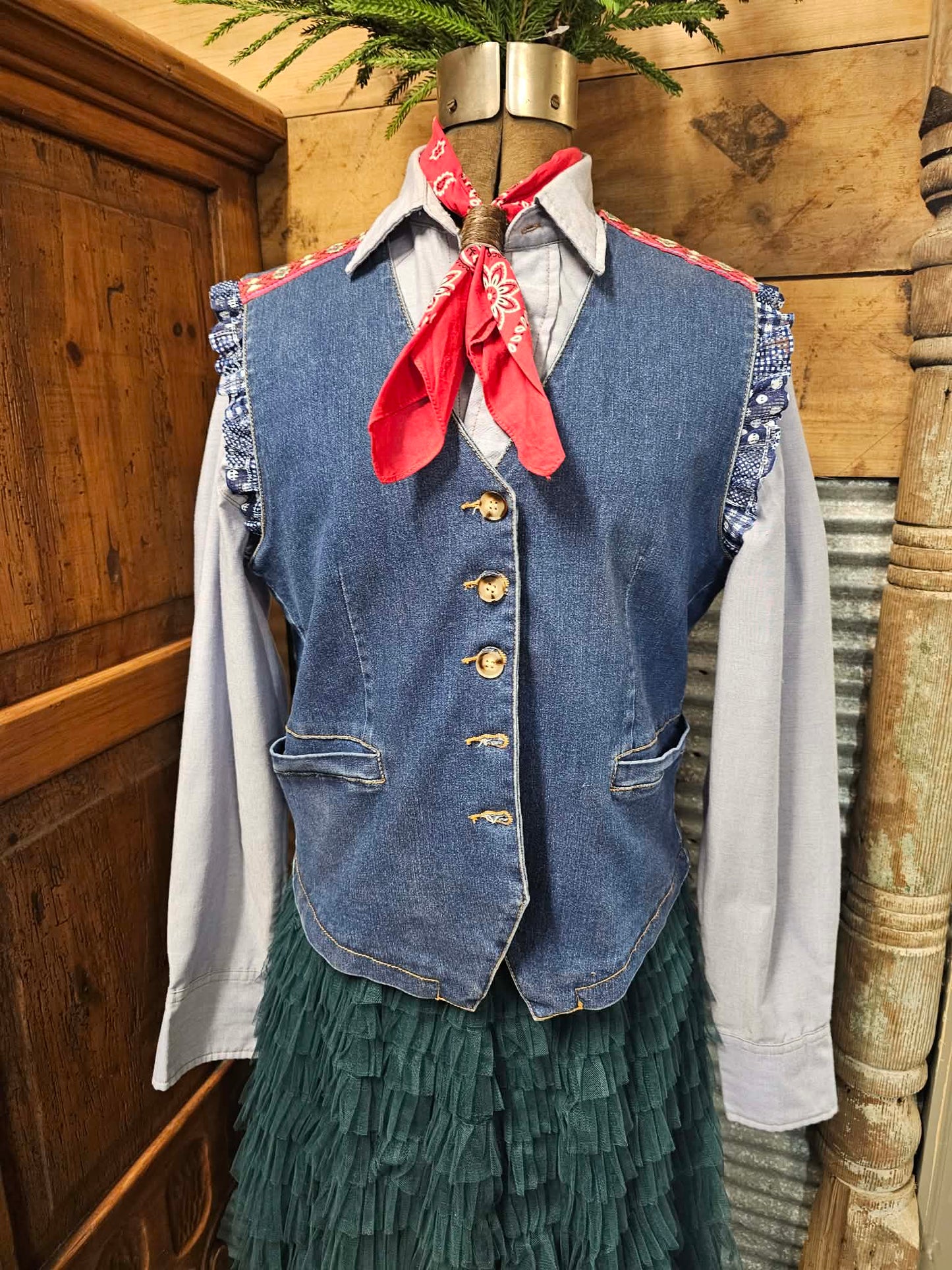 Denim Vest with Vintage Applique